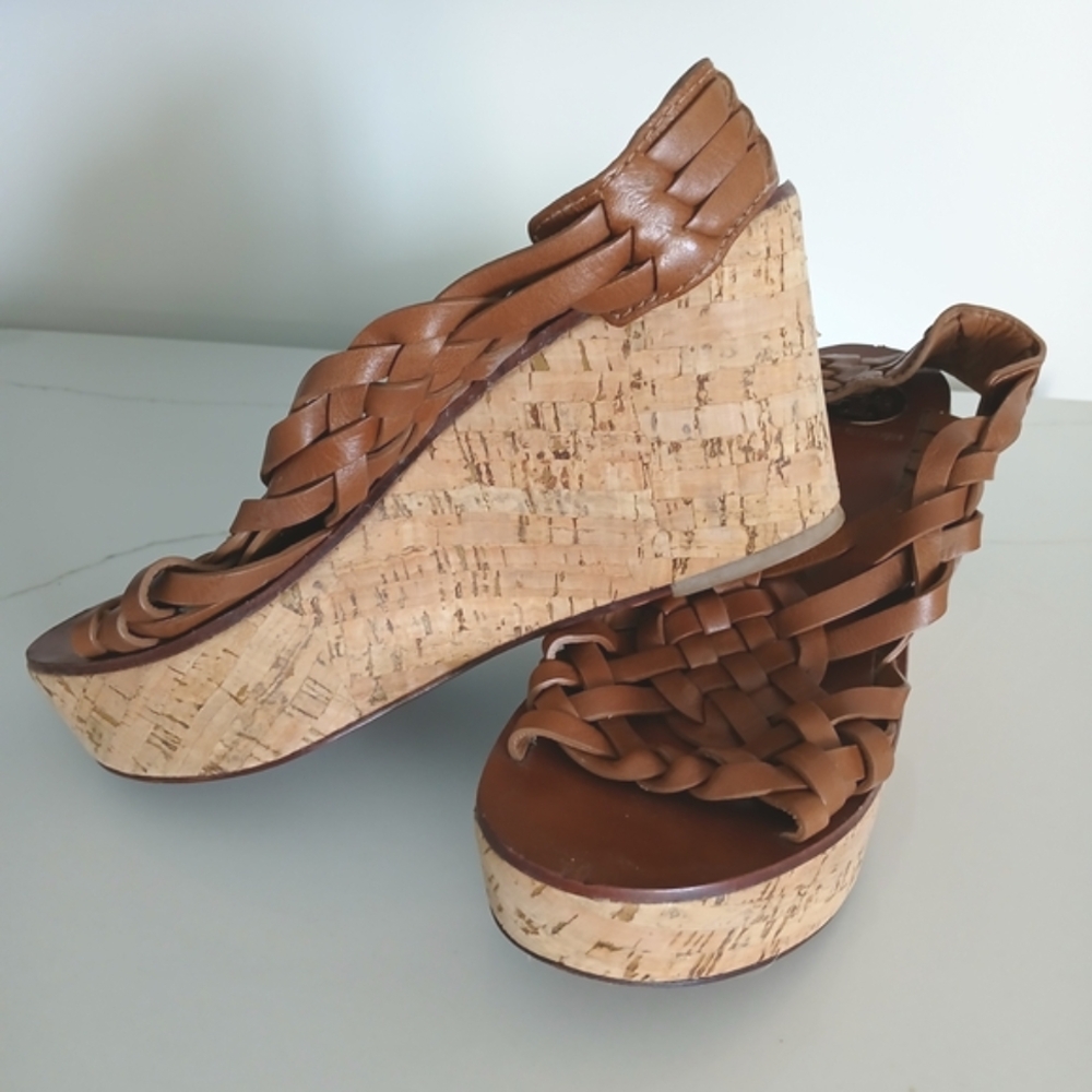 Tory Burch Tan Woven Wedge Sandals